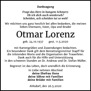 Traueranzeige von Otmar Lorenz von Mitteldeutsche Zeitung Mansfelder Land