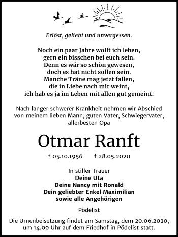 Traueranzeige von Otmar Ranft von Wochenspiegel Naumburg/Nebra