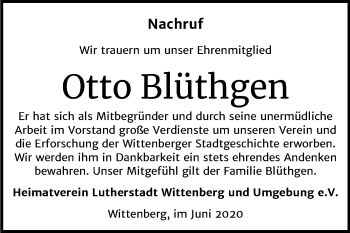 Traueranzeige von Otto Blüthgen von Mitteldeutsche Zeitung Wittenberg