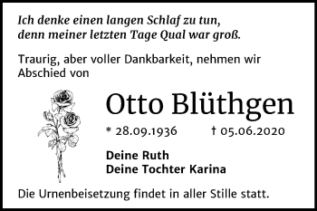 Traueranzeige von Otto Blüthgen von Super Sonntag Wittenberg