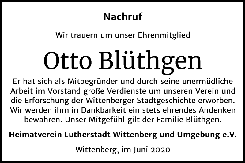  Traueranzeige für Otto Blüthgen vom 13.06.2020 aus Super Sonntag Wittenberg