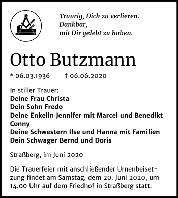 Traueranzeige von Otto Butzmann von Super Sonntag Quedlinburg