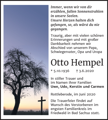 Traueranzeige von Otto Hempel von Mitteldeutsche Zeitung Sangerhausen