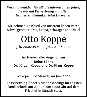 Traueranzeige von Otto Koppe von Super Sonntag Merseburg/Querfurt / Wittenberg