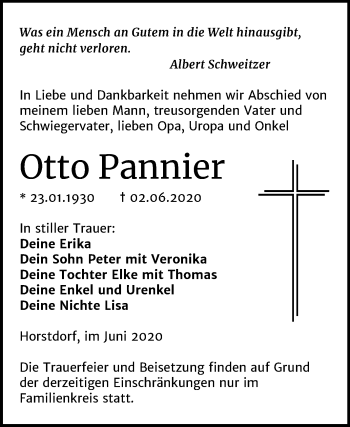 Traueranzeige von Otto Pannier von Super Sonntag Wittenberg