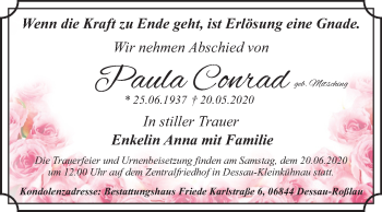 Traueranzeige von Paula Conrad von Mitteldeutsche Zeitung Dessau-Roßlau
