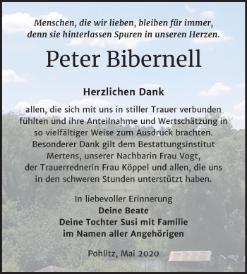 Traueranzeige von Peter Bibernell von Wochenspiegel Naumburg/Nebra