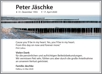 Traueranzeige von Peter Jäschke von Super Sonntag Mansfelder Land