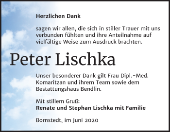 Traueranzeige von Peter Lischka von Mitteldeutsche Zeitung Mansfelder Land