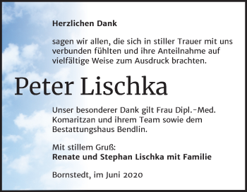 Traueranzeige von Peter Lischka von Super Sonntag Mansfelder Land