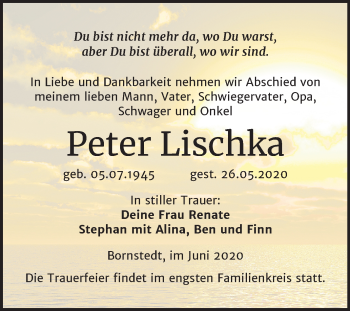 Traueranzeige von Peter Lischka von Mitteldeutsche Zeitung Mansfelder Land