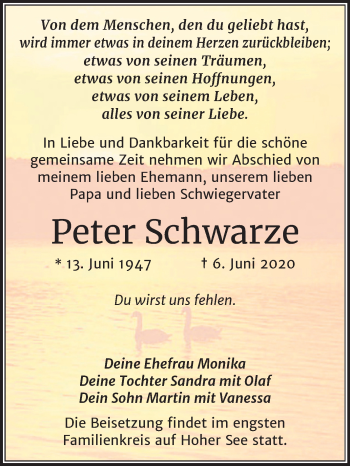 Traueranzeige von Peter Schwarze von Super Sonntag Wittenberg