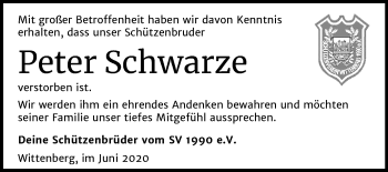 Traueranzeige von Peter Schwarze von Super Sonntag Wittenberg