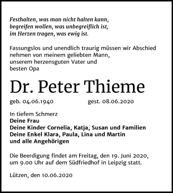 Traueranzeige von Peter Thieme von Super Sonntag Weißenfels