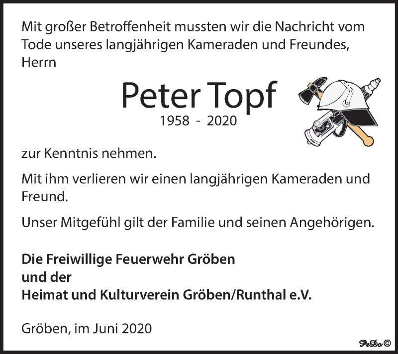  Traueranzeige für Peter Topf vom 06.06.2020 aus Mitteldeutsche Zeitung Weißenfels