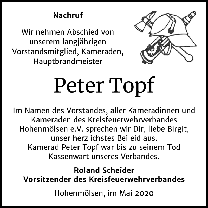  Traueranzeige für Peter Topf vom 13.06.2020 aus Mitteldeutsche Zeitung Weißenfels