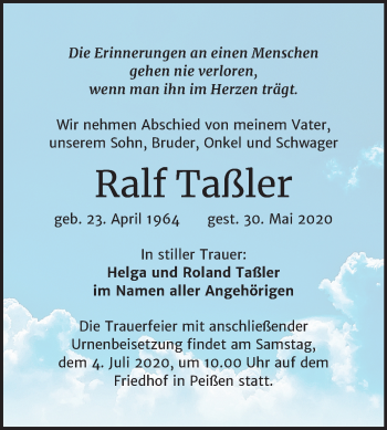 Traueranzeige von Ralf Taßler von Mitteldeutsche Zeitung Halle/Saalkreis