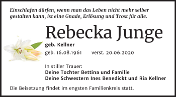 Traueranzeige von Rebecka Junge von Super Sonntag Wittenberg