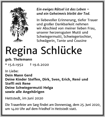 Traueranzeige von Regina Schlücke von Mitteldeutsche Zeitung Mansfelder Land