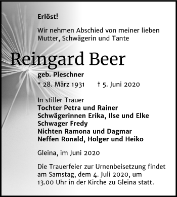 Traueranzeige von Reingard Beer von Super Sonntag Zeitz
