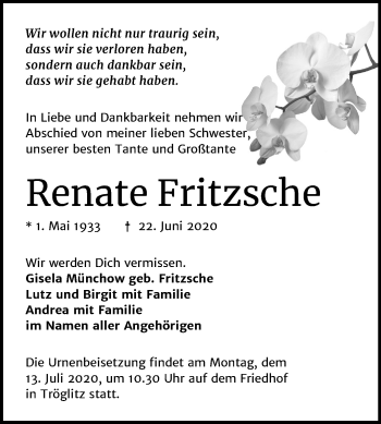 Traueranzeige von Renate Fritzsche von Super Sonntag Zeitz