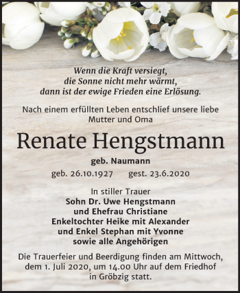 Traueranzeige von Renate Hengstmann von Super Sonntag Köthen