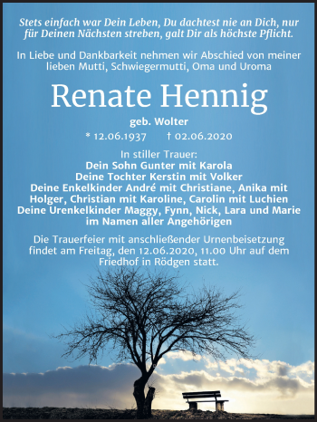 Traueranzeige von Renate Hennig von Mitteldeutsche Zeitung Bitterfeld