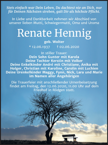 Traueranzeige von Renate Hennig von Wochenspiegel Bitterfeld