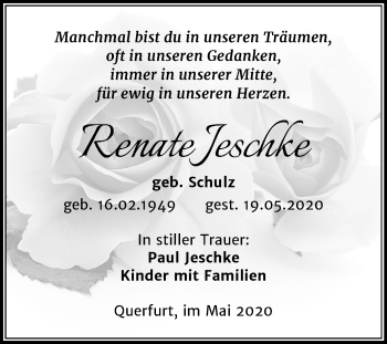 Traueranzeige von Renate Jeschke von Mitteldeutsche Zeitung Merseburg/Querfurt