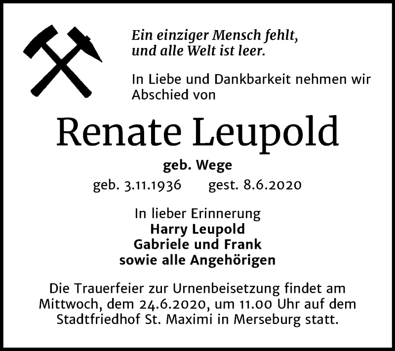  Traueranzeige für Renate Leupold vom 13.06.2020 aus Mitteldeutsche Zeitung Merseburg/Querfurt