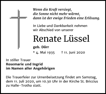 Traueranzeige von Renate Lüssel von Mitteldeutsche Zeitung Halle/Saalkreis