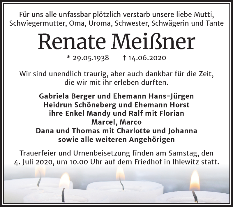  Traueranzeige für Renate Meißner vom 20.06.2020 aus Mitteldeutsche Zeitung Mansfelder Land