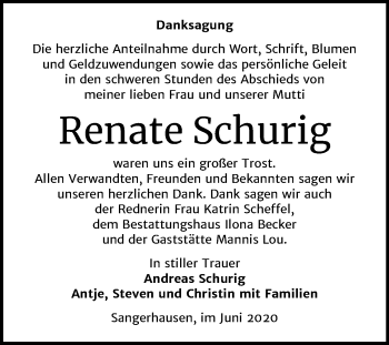 Traueranzeige von Renate Schurig von Mitteldeutsche Zeitung Sangerhausen
