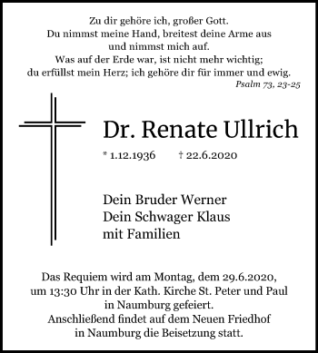 Traueranzeige von Renate Ullrich von Mitteldeutsche Zeitung Naumburg/Nebra