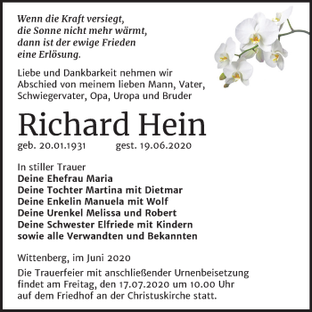 Traueranzeige von Richard Hein von Mitteldeutsche Zeitung Wittenberg