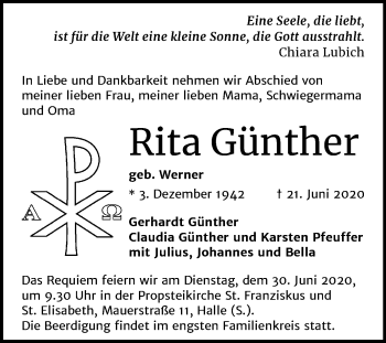 Traueranzeige von Rita Günther von Mitteldeutsche Zeitung Halle/Saalkreis