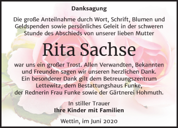 Traueranzeige von Rita Sachse von Mitteldeutsche Zeitung Halle/Saalkreis