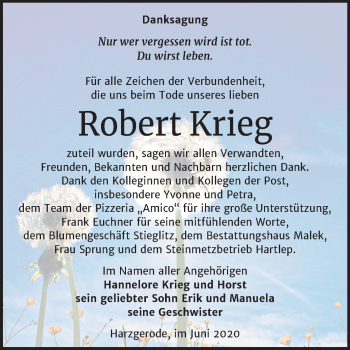 Traueranzeige von Robert Krieg von Super Sonntag Quedlinburg