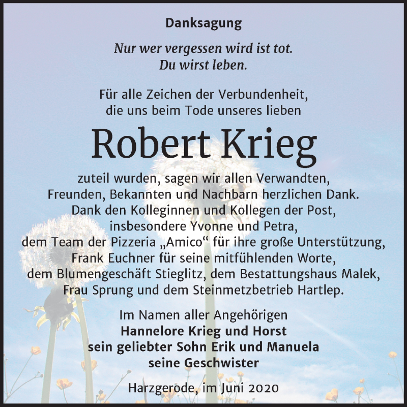  Traueranzeige für Robert Krieg vom 20.06.2020 aus Super Sonntag Quedlinburg