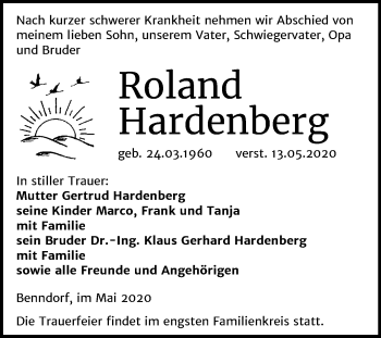 Traueranzeige von Roland Hardenberg von Mitteldeutsche Zeitung Mansfelder Land