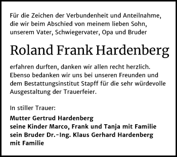 Traueranzeige von Roland Frank Hardenberg von Mitteldeutsche Zeitung Mansfelder Land