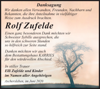 Traueranzeige von Rolf Zufelde von Super Sonntag Aschersleben