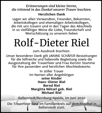 Traueranzeige von Rolf Dieter Riel von Mitteldeutsche Zeitung Quedlinburg
