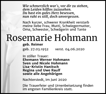 Traueranzeige von Rosemarie Hohmann von Mitteldeutsche Zeitung Aschersleben