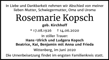 Traueranzeige von Rosemarie Kopsch von Mitteldeutsche Zeitung Wittenberg