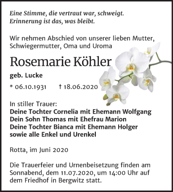 Traueranzeige von Rosemarie Köhler von Mitteldeutsche Zeitung Wittenberg