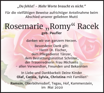 Traueranzeige von Rosemarie  Racek von Mitteldeutsche Zeitung Bitterfeld