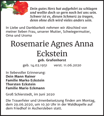 Traueranzeige von Rosemarie Agnes Anna Eckstein von Mitteldeutsche Zeitung Aschersleben