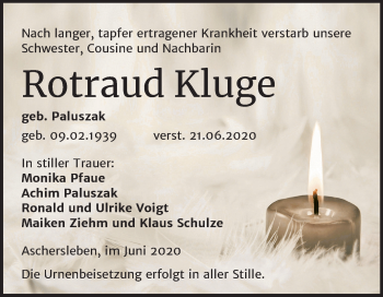 Traueranzeige von Rotraud Kluge von Mitteldeutsche Zeitung Aschersleben