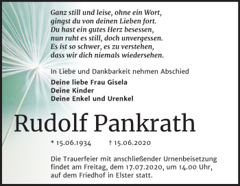 Traueranzeige von Rudolf Pankrath von Super Sonntag Wittenberg